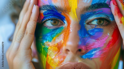 Detailed close-up of a woman s face adorned with vibrant rainbow paint  highlighting expressive art  creativity  and colorful self-expression.