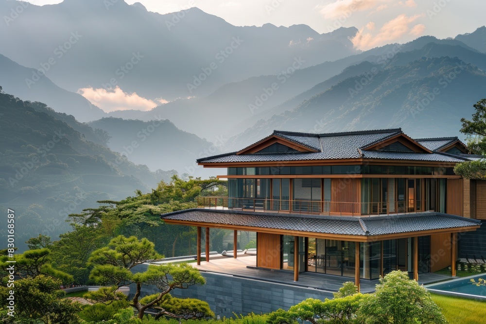 A large house with a lot of trees and mountains in the background A large house with a lot of trees and mountains in the background