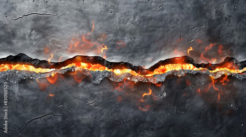 Metal texture background that is torn in half with glowing fire edge.