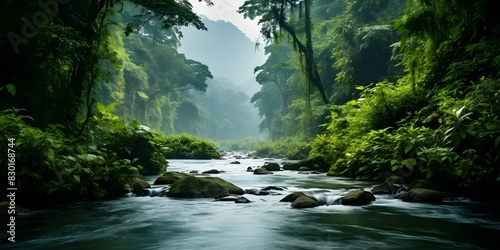  Scenic River Flowing through Lush Green Mountains and Dense Rainforest . Concept Nature Photography  Landscape Beauty  Fresh Water  Mountain Scenery  Greenery Magnificence