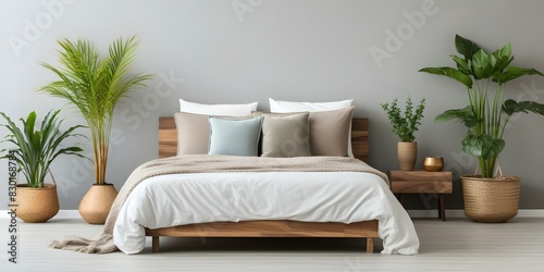 Modern Interior Design: Contemporary Boho Bedroom with White Walls, Plants, Bed, and Pillows. Concept boho bedroom, white walls, plants, bed, pillows, contemporary