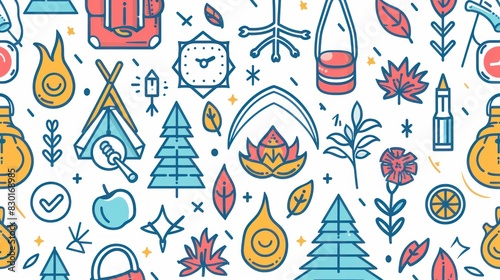 Seamless pattern of hiking and camping gear.