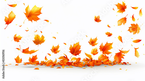 A symphony of autumn hues  A vibrant ballet of falling leaves against a stark white background.