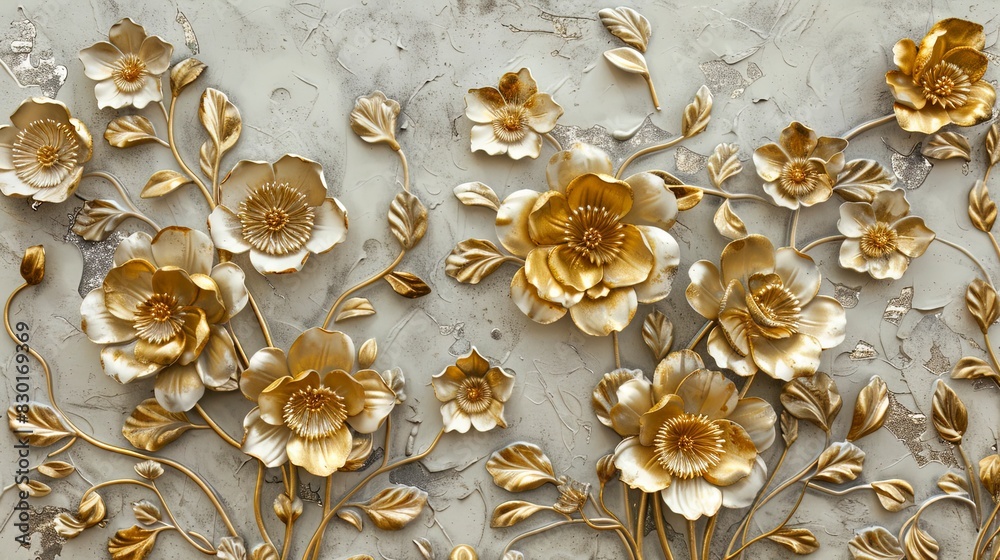 Beautiful voluminous flowers, stucco molding on a plaster wall.