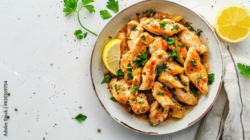 Tasty chicken piccata photographed from above on a white background Tasty chicken piccata photographed from above on a white background