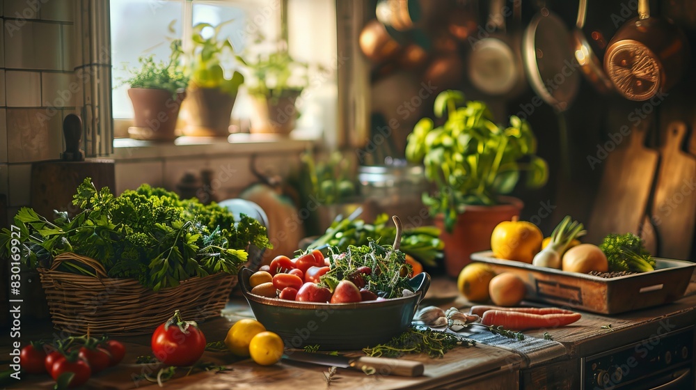 Farm-to-Table Cooking: A rustic kitchen scene featuring fresh produce from a nearby farm, showcasing the journey from farm to kitchen. 