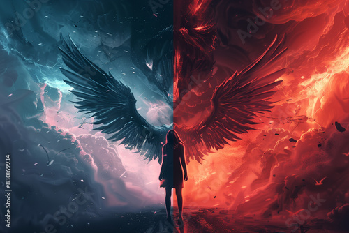 angel and demon with wings in a symmetrical composition, light and dark, fantasy, dramatic, powerful, monitor 3:2