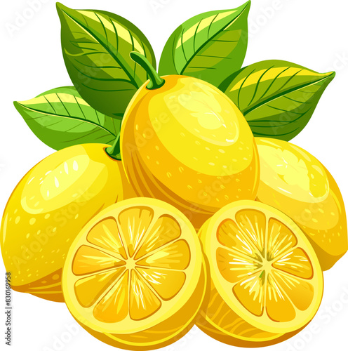 Fresh Lemons with Leaves, isolated on transparent background.