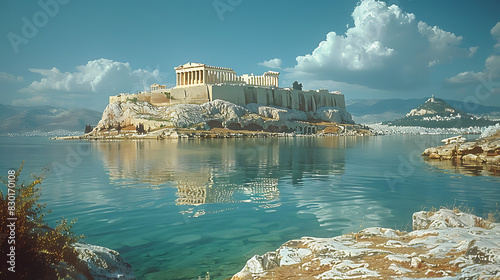 iconic image of Acropolis of Athens standing proudly atop rocky hill overlooking city of Athens Greece ancient citadel's majestic ruin including Parthenon other historic temple symbolize birthplace of photo
