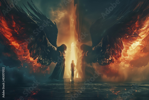 angels with fiery wings guiding a silhouette, surreal fantasy, powerful, dramatic light and dark, monitor 3:2 photo