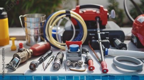Essential tools for repairing a swimming pool pump.