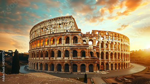 iconic image of Colosseum bathed golden sunlight showcasing grandeur history of ancient Rome Italy amphitheater's weathered stone arch storied past evoke sense of wonder admiration drawing visitor mar photo