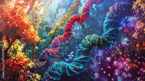 Genetic Diversity  Showcasing the diversity of life through colorful depictions of DNA strands and genetic variations. 