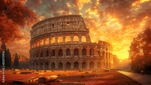 iconic image of Colosseum bathed golden sunlight showcasing grandeur history of ancient Rome Italy amphitheater's weathered stone arch storied past evoke sense of wonder admiration drawing visitor mar photo