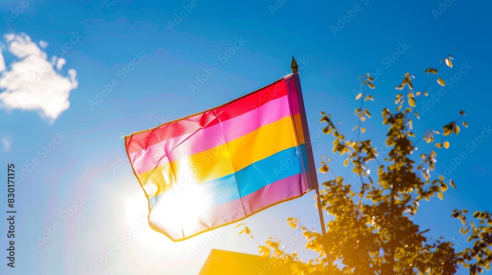 Pansexual pride flag displayed proudly during a sunny day, bright and bold colors, copy space.