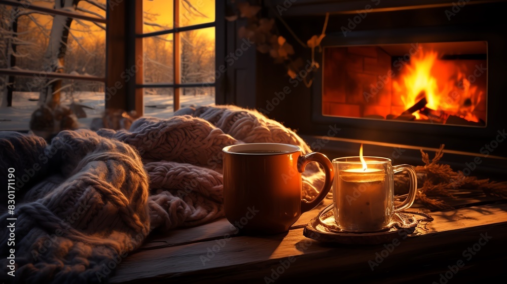 Cozy winter scene with a warm fireplace, blanket, hot drink, and candlelit ambiance by the window during sunset, perfect for relaxation.