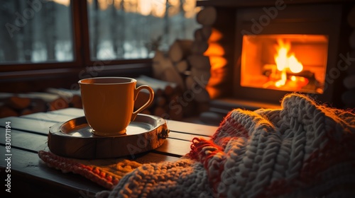 Cozy winter scene with a warm mug of coffee by the fireplace, perfect for cold evenings. Blanket draped on the table enhances the cozy atmosphere.