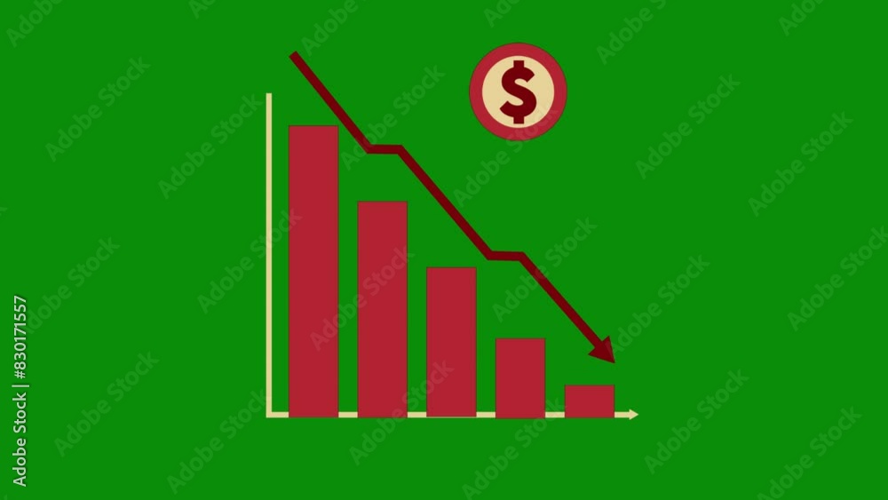 Red animated financial decline trend line chart, Economic crisis, recession, inflation, decrease graph. Bar chart. Profit down. Isolated vector illustration on green screen background. Chroma key
