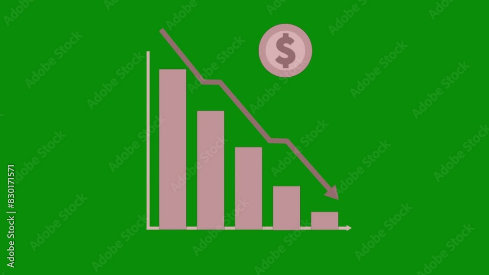 Light animated financial decline trend line chart, Economic crisis, recession, inflation, decrease graph. Bar chart. Profit down. Isolated vector illustration on green screen background. Chroma key Light animated financial decline trend line chart, Economic crisis, recession, inflation, decrease graph. Bar chart. Profit down. Isolated vector illustration on green screen background. Chroma key