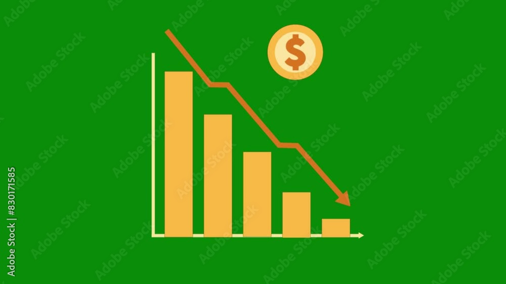Yellow animated financial decline trend line chart, Economic crisis, recession, inflation, decrease graph. Bar chart. Profit down. Isolated vector illustration on green screen background. Chroma key Yellow animated financial decline trend line chart, Economic crisis, recession, inflation, decrease graph. Bar chart. Profit down. Isolated vector illustration on green screen background. Chroma key