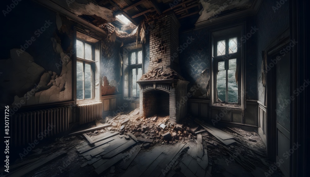 An eerie, abandoned house with a partially collapsed ceiling, broken windows, and debris scattered around, creating a haunting atmosphere. An eerie, abandoned house with a partially collapsed ceiling, broken windows, and debris scattered around, creating a haunting atmosphere.