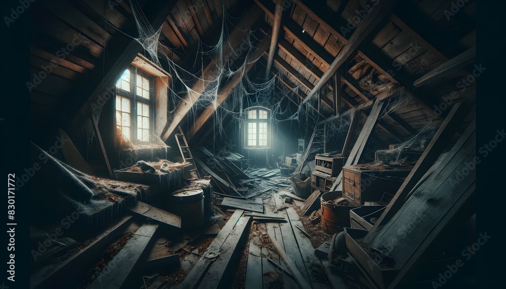 A dusty, abandoned attic in a wooden house with cobwebs, broken furniture, and scattered debris, creating a spooky and neglected atmosphere.