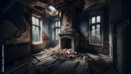 An eerie, abandoned house with a partially collapsed ceiling, broken windows, and debris scattered around, creating a haunting atmosphere.