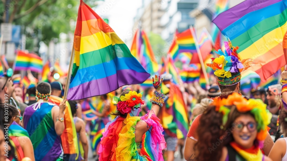 Fototapeta premium Pride parade with a diverse crowd, waving rainbow flags, vibrant costumes, colorful banners, joyful atmosphere, city street, community spirit, celebration, equality, inclusivity, copy space