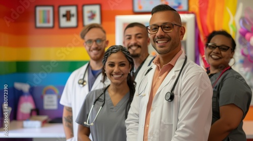 LGBTQ+ health clinic with a welcoming staff, diverse patients, inclusive environment, supportive care, smiling faces, medical professionals, community health, equality in healthcare, safety, respect,