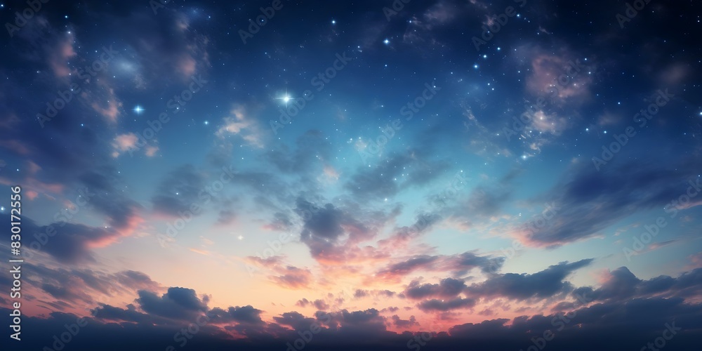 Creating an Upward Visual Effect: Starry Sky with Clouds and Soft Sunlit Colors. Concept Starry Sky, Clouds, Soft Colors, Upward Visual Effect