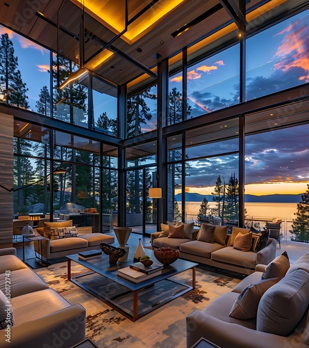 The interior of a large living room with glass walls and ceiling of a modern style home in the foreground overlooking Lake Tahoe at sunset