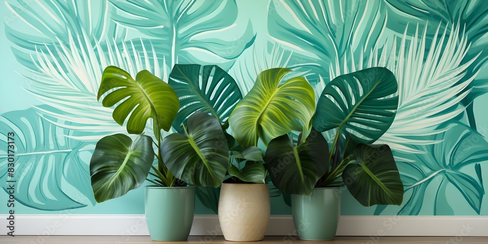 Obraz premium Hand-drawn tropical forest wallpaper adorned with monstera and palm leaves. Concept Tropical Forest, Hand-drawn Design, Monstera Leaves, Palm Leaves, Wallpaper