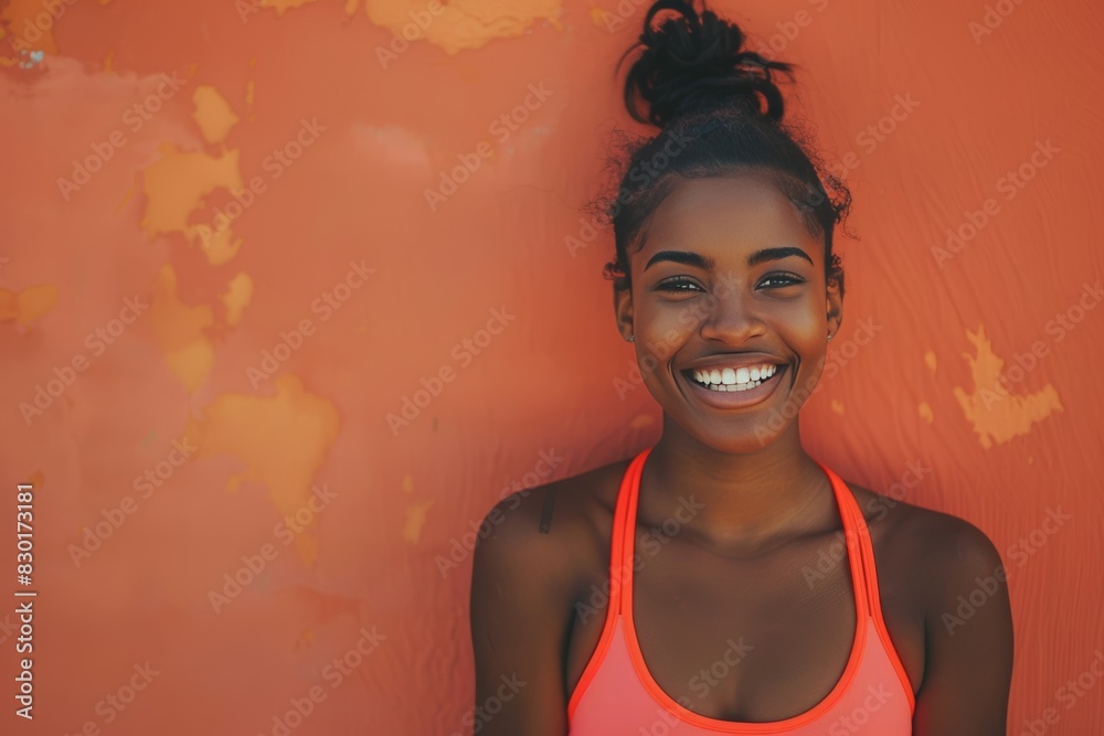 Happy woman in sportswear resting after workout outdoors on colored wall background Happy woman in sportswear resting after workout outdoors on colored wall background