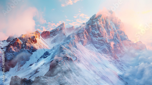 Panorama of a colorful tall rocky mountain covered in white smoke, Colorful snow mountains in sunny day