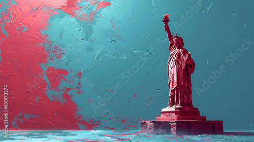 iconic image of Statue of Liberty standing tall against clear blue sky symbolizing freedom democracy opportunity United States statue's torch held high represents enlightenment hope while her welcomin photo