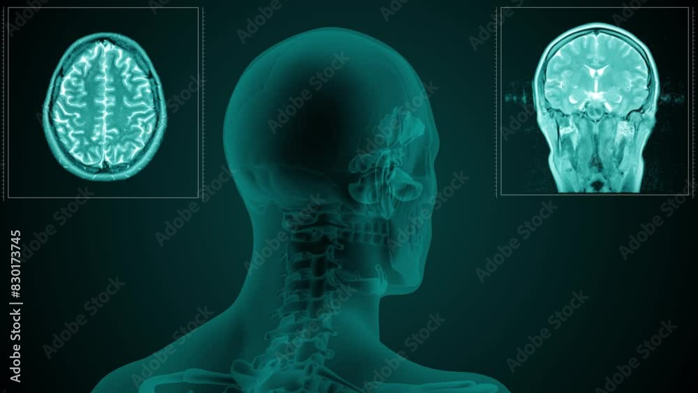 Magnetic resonance scan of the head of a man with visible paranasal sinuses. Anatomically correct 3d animation on dark background Magnetic resonance scan of the head of a man with visible paranasal sinuses. Anatomically correct 3d animation on dark background