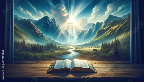 Bible 9. An open Bible on a wooden table against the background of a beautiful mountain landscape with a river and a cloudy sky in a sunbeam