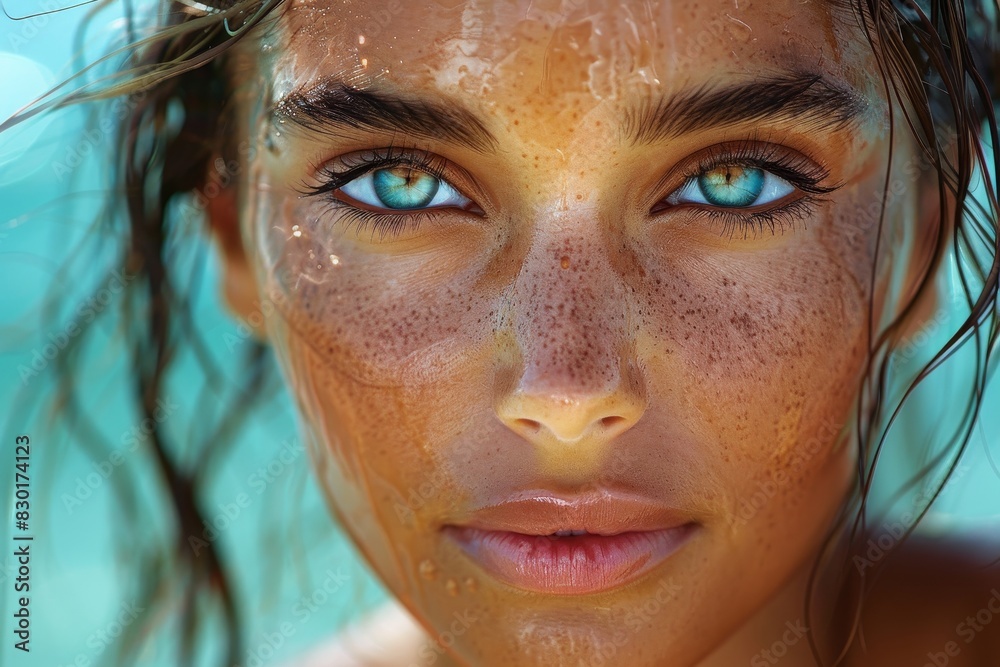 close up of beautiful tanned woman with wet hairs on water background