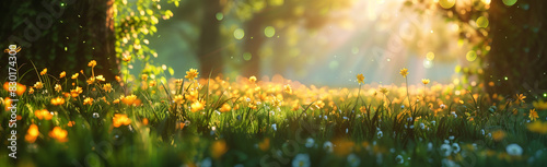 Beautiful spring meadow with grass and flowers in sunlight. Spring background banner  panorama. Nature scene of a forest clearing with sun rays. Fantasy landscape. Blurred background. High resolution 