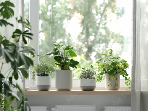Various potted plants on a sunny window sill, bringing a touch of greenery and nature into a bright indoor space.  © hathairat