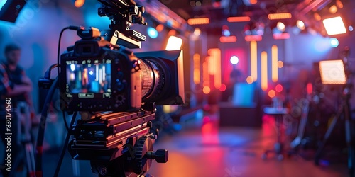 Highend camera captures live broadcast in professional studio setting dynamic production. Concept Professional Studio, Live Broadcast, High-End Camera, Dynamic Production photo