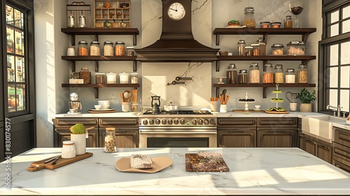  A baker's dream kitchen with marble countertops, a large oven, and shelves filled with baking ingredients and tools, ready for creating delicious treats.