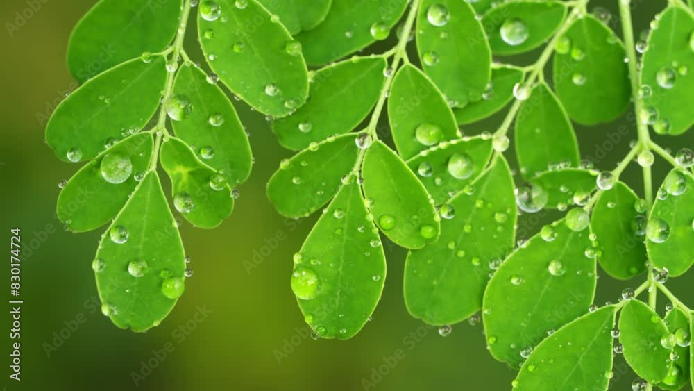 Close-up of fresh moringa leaves with dew drops, green