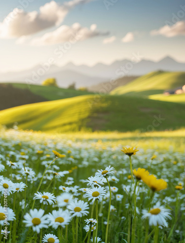 Beautiful spring and summer natural landscape with blooming field of daisies in grass in the hilly countryside. 