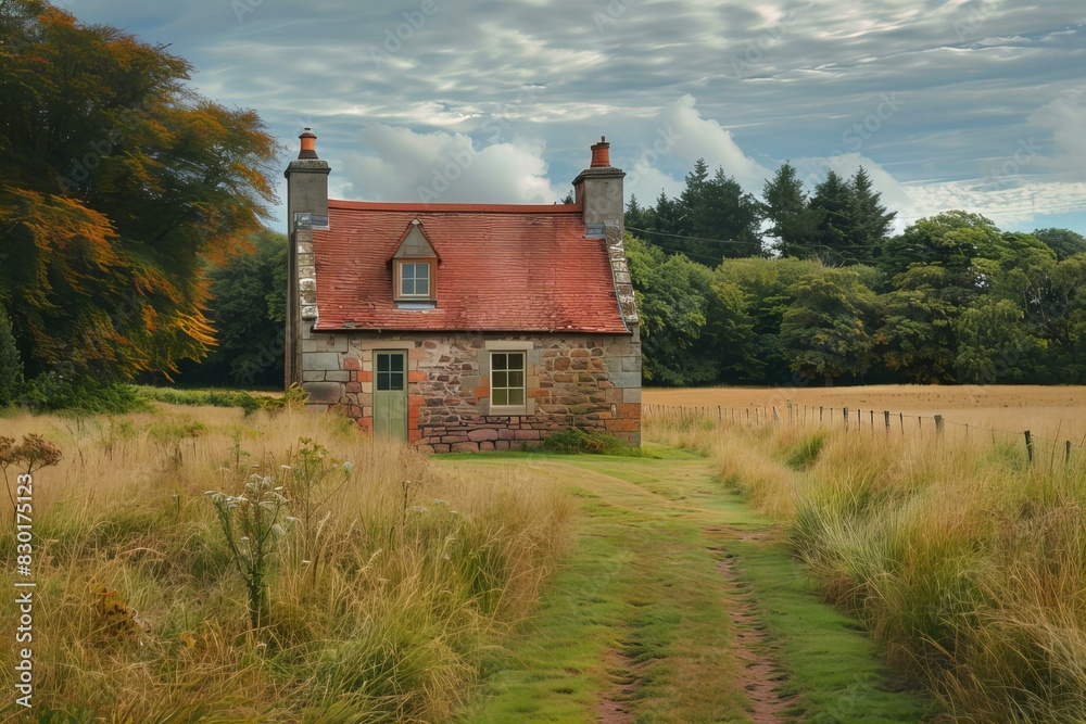 A small house in the middle of a field A small house in the middle of a field