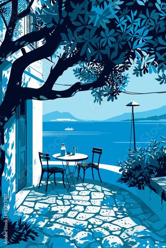 minimalist flat design poster of a Greek house terrace with sea view and boat in shades of blue