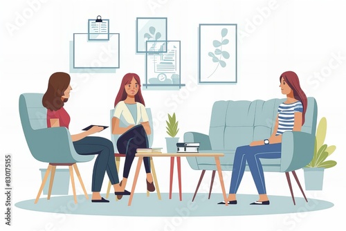 Three women chatting chairs living room photo