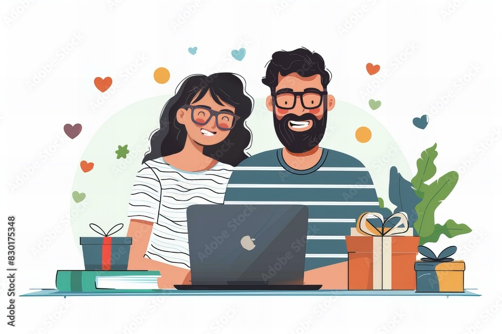 Couple with laptop and gift at table Couple with laptop and gift at table
