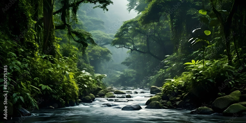 A river flows through vibrant green landscapes and dense rainforest scenery. Concept Nature, River, Rainforest, Green Landscapes, Vibrant Scenery A river flows through vibrant green landscapes and dense rainforest scenery. Concept Nature, River, Rainforest, Green Landscapes, Vibrant Scenery