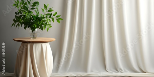 Modern Wooden Podium Side Table with White Draped Curtains. Concept Furniture, Modern Design, Wooden Podium, Side Table, White Curtains